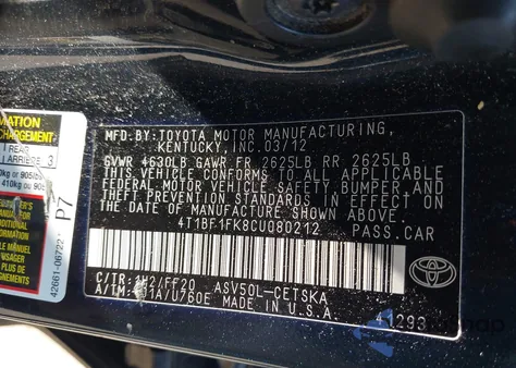 2012 Toyota Camry Se/Le/Xle z USA, uszkodzony, nr VIN 4T1BF1FK8CU080212